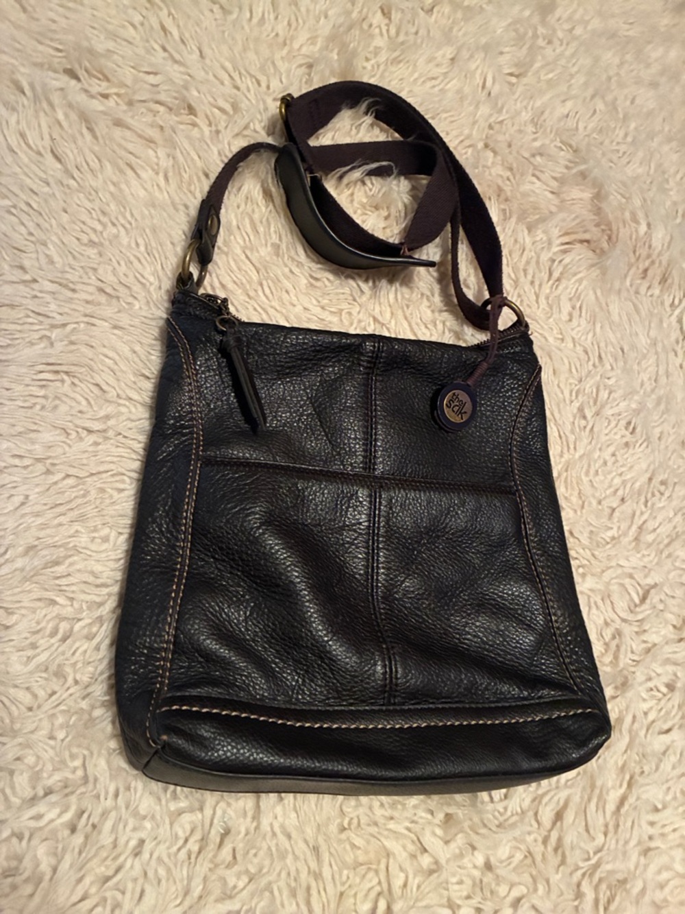 The Sak Dark Brown Pebbled Leather Crossbody with Contrast Stitching